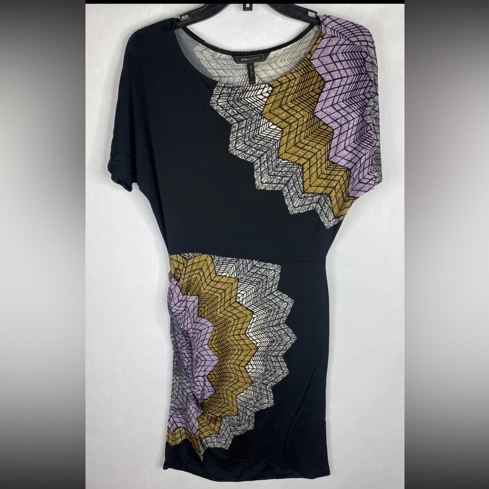 BCBG Maxazria Womens Dress XS Black Purple A Line Short Sleeve Stretch Fitted